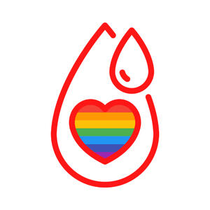 An image of a rainbow heart enclosed within a bloodrop.